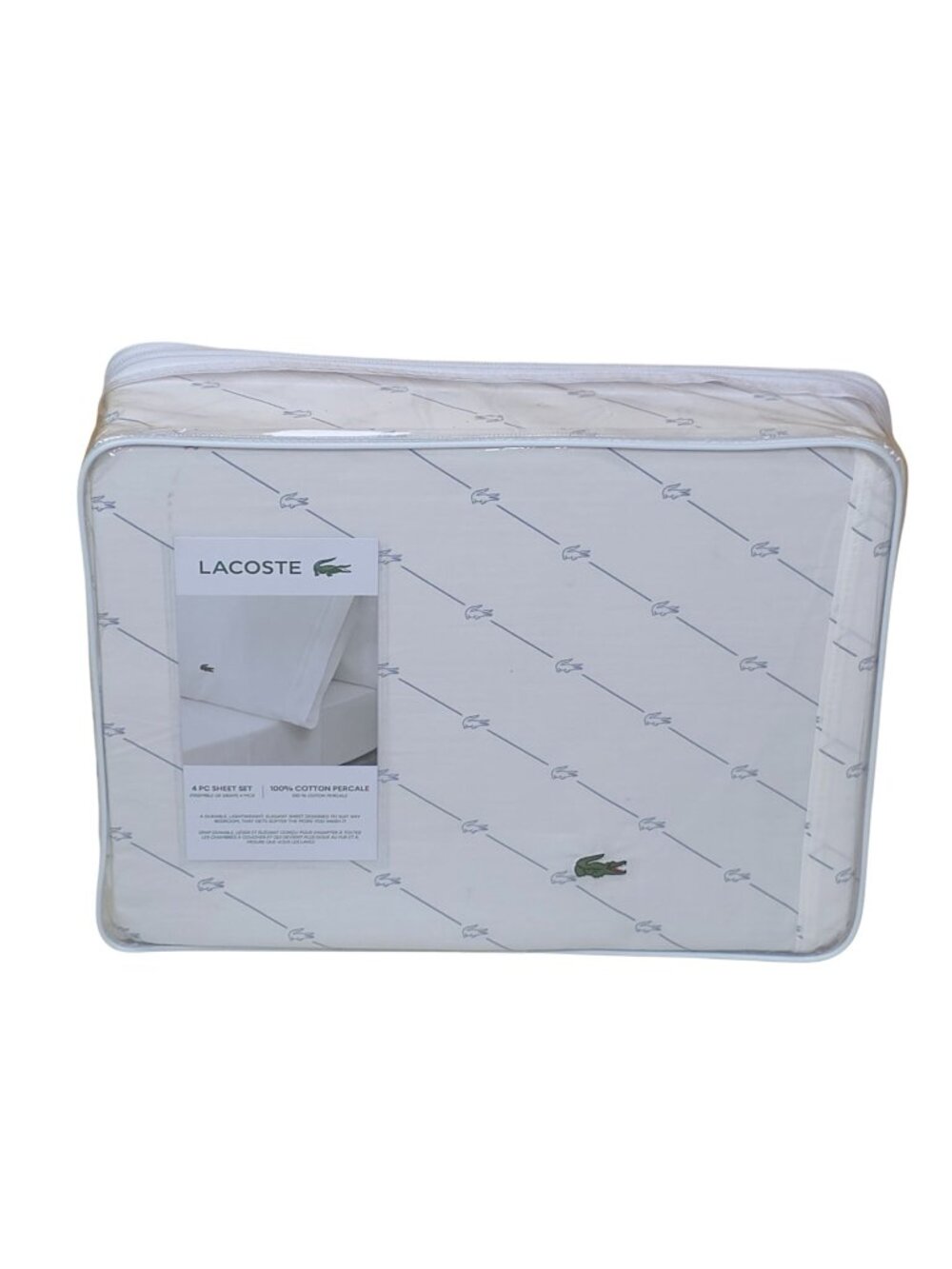 Lacoste 4-Piece King Sheet Set Cotton Percale Diagonal Crocs Pattern Breathable